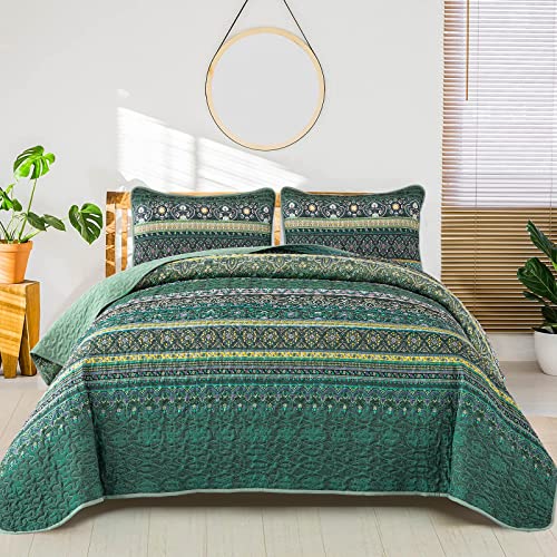 "WONGS BEDDING Boho Quilt Queen Size, Green Bohemian Queen Quilt, Lightweight Microfiber Bed Decor Bedspread for All Season 96""x90""(3 Pieces)"