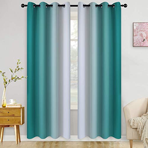 COSVIYA Grommet Ombre Room Darkening Curtains 84 inch Length 2 Panels, Teal and Grayish White Gradient Drapes Light Blocking Insulated Thermal Window Curtains for Bedroom/Living Room,52x84 inches