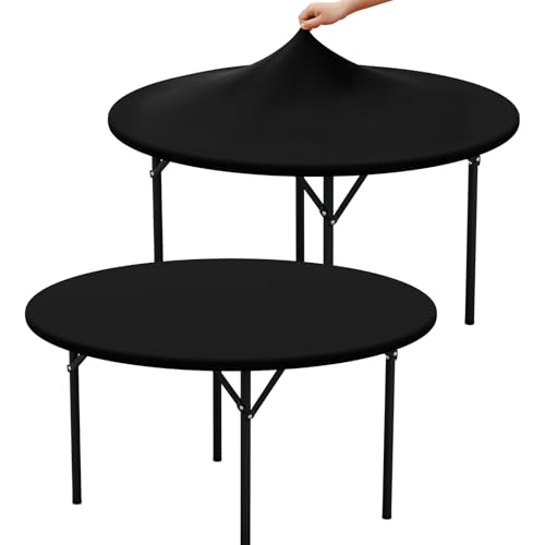 "misaya 2 Packs Round Spandex Tablecloths, Stretch Elastic Tablecloth Cover Fitted for 45""-56"" Round Tables, Waterproof Polyester Washable Table Cloth for Dining, Party, Outdoor and Indoor, Black"