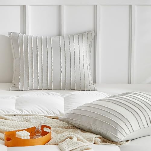 WARMDERN Light Grey Striped Pillow Covers King Pillow Cases Soft Microfiber Stripe Pillow Cases Set of 2 Boho Tufted Stripes Textured Pillowcase with Envelope Closure(Light Grey, King, 20x36 Inches)