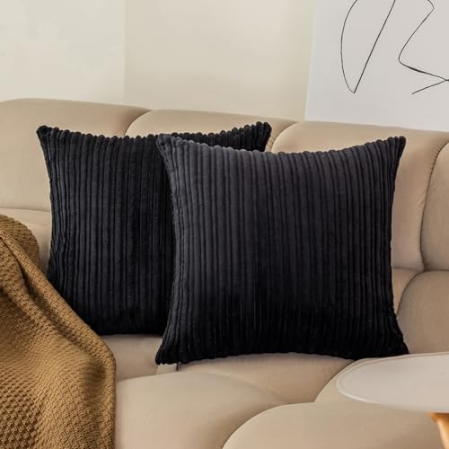 Kevin Textile Throw Pillow Covers 18x18, Decorative Corduroy Farmhouse Cushion Covers Pillowcase for Couch Sofa Bedroom Car, Set of 2, Black