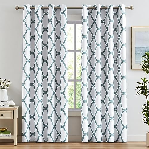 Melodieux Moroccan Printed Room Darkening Blackout Grommet Curtains for Living Room Bedroom, 52 by 96 Inch, Off White/Dusty Teal (2 Panels)