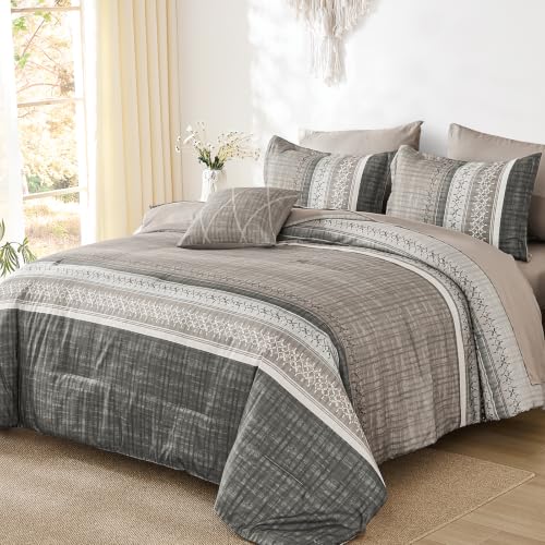 Dintszyayue Taupe Queen Comforter Size Set, 7 Pieces Striped Texture Bed in a Bag Bedding Sets, Lightweight Soft Comforter and Sheet Set, All Season Microfiber Teen Boys Bedding Sets for Men Women