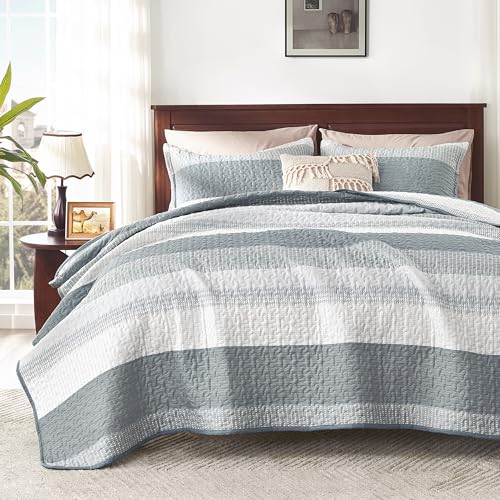 Andency Grey Striped Quilt Cover King(106x96Inch), 3 Pieces (1 Quilt and 2 Pillowcases) Patchwork Bedspread Coverlet Set, Soft Microfiber Quilted Bedding Set