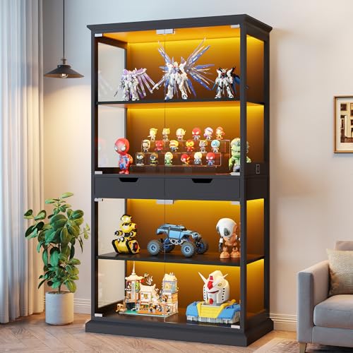 Jocoevol Display Cabinet with Glass Doors, 174cm Tall Curio Cabinet, 4-Tier Glass Display Cabinets with RGB Lights & APP, Sensor, 2 Drawers, Display Case for Living Room, Black