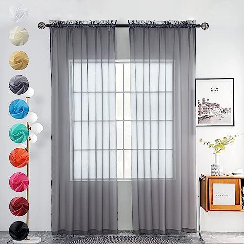 youleyar Solid Sheer Rod Pocket Curtain Voile Draperies 2 Panels White Beige Black Grey Coffee 38 Inch Width 72 Inch Long 1 Pair for Kitchen Bedroom Children Living Room Yard(Grey,38W???72L)