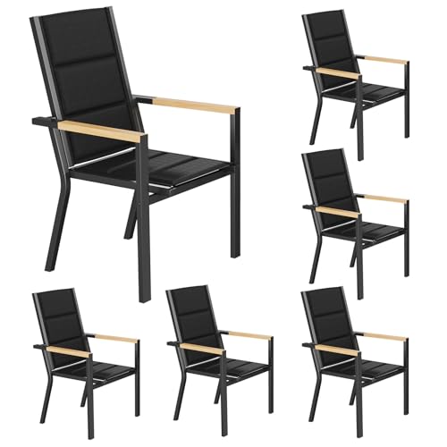 JUMMICO Stackable Garden Chair, Full Aluminium Frame with Comfort Seat, Sturdy Design & Wood-Look Armrests for Patio, Garden and Pool Area