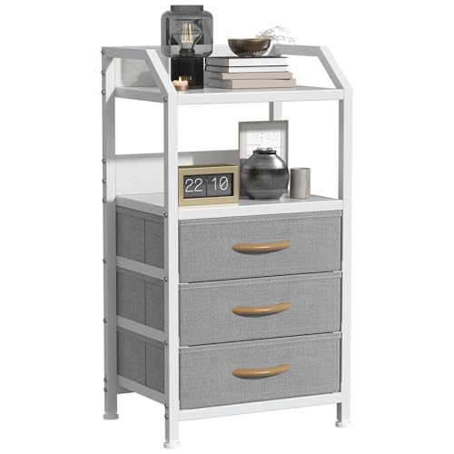 GoaHi Bedside Table, Nightstands with 3 Fabric Drawers and Open Shelf, Modern Sofa End Tables with Wood Top and Metal Frame for Bedroom, Living Room, Small Spaces,Light Grey
