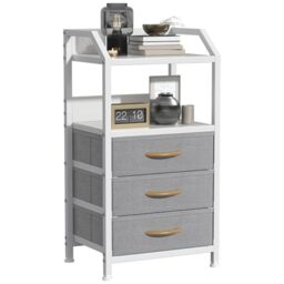 GoaHi Bedside Table, Nightstands with 3 Fabric Drawers and Open Shelf, Modern Sofa End Tables with Wood Top and Metal Frame for Bedroom, Living Room, Small Spaces,Light Grey