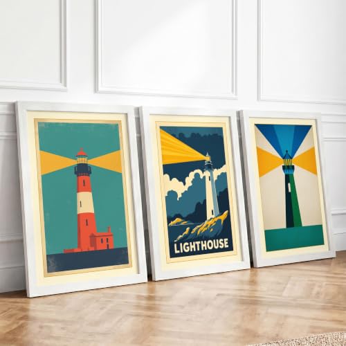 Lighthouses, Guiding Beams Art Deco Set of 3 Framed Wall Art Prints A4