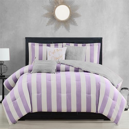 "Juicy Couture Cabana Striped Reversible Bedding Set, King, Lavender and White Stripe Print, 6 Piece Set, Includes 1 Comforter 104"" x 90"", 3 Decorative Pillows"