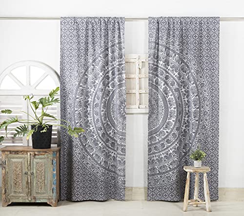 Popular Handicrafts Indian Hippie Bohemian Beautiful Elephant Color Mandala Curtain Panels Grey Silver