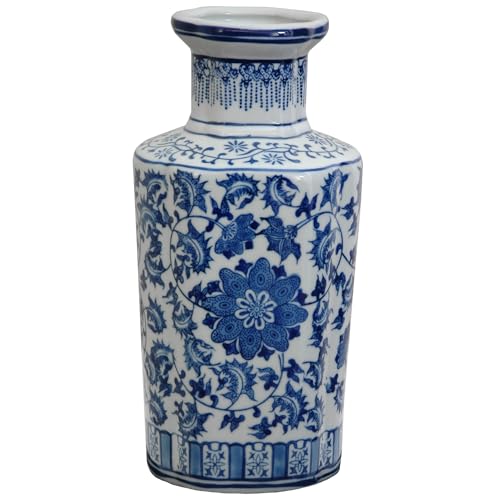 "Oriental Furniture 12"" Floral Blue & White Porcelain Vase"