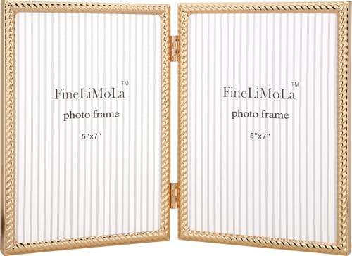 FineLiMoLa 5x7''Double Frames Gold Rope Design Metal Photo Frame with black Velvet Backing and Real Glass Front,5x7'' Hinged Double Picture Frame for Tabletop and Shelf Display