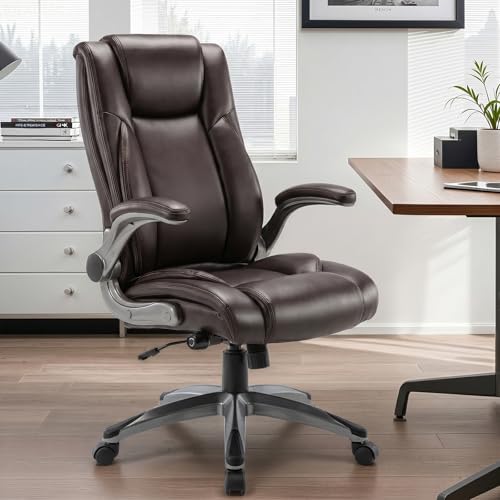 Ergonomic Executive Office Chair with Adjustable Lumbar Support, Flip-up Armrests, Double Padded Seat & Tilt Function – High Back Swivel Desk Chair for Home Office & Gaming,Brown