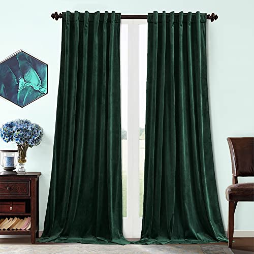 Benedeco Dark Green Velvet Curtains 52x90 Inch Blackout Curtains 2 Panels - Blackout, Super soft velvet,vintage, luxury, thermal insulated, machine washable, for bedroom and living room