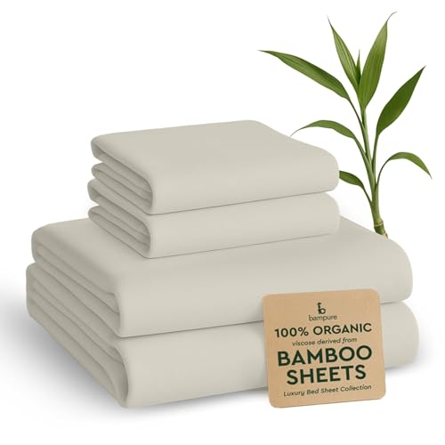 "BAMPURE 100% Rayon from Bamboo Sheets King Size - 4pc Cooling King Sheets - Breathable, Viscose Bamboo Cooling Sheets King Size - up to 16"" Deep Pocket - Ultra Soft Hotel Luxury Bed Sheets - Ivory"