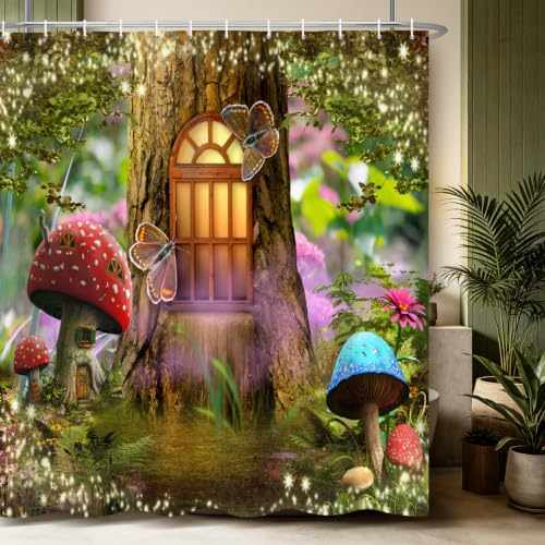 Renaiss 72x72 Inches Enchanted Forest Mushroom Shower Curtain Cartoon Magtic Old Trees House Butterflies Fairy Tale Wonderland Fantasy Shower Curtains Set for Bathroom Decor Waterproof with Hooks