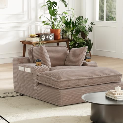 MALOL COLAMY Chaise Lounge Chair, Corduroy Single Sofa Bed with Pillow & Cup Holders, Double Layer Cushion Lounger Chair for Living Room, Bedroom or Guest Room, No Assembly Needed, Camel