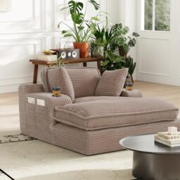 MALOL COLAMY Chaise Lounge Chair, Corduroy Single Sofa Bed with Pillow & Cup Holders, Double Layer Cushion Lounger Chair for Living Room, Bedroom or Guest Room, No Assembly Needed, Camel