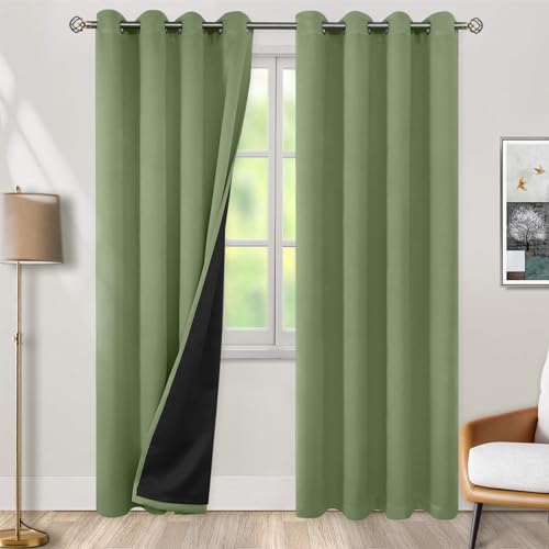 BGment Thermal Insulated 100% Blackout Curtains for Bedroom with Black Liner, Double Layer Full Room Darkening Noise Reducing Grommet Curtain (52 x 84 Inch, Grass Green, 2 Panels)