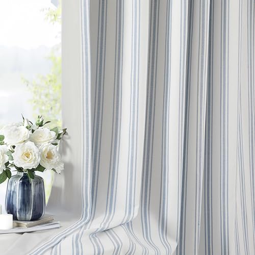 "ZJDECOR 63 Inch Blue Striped Full Blackout Window Curtain Panels,Blue Stripe on White Cotton Blended Light Filteirng Fabric,Room Darkening Window Treatment for Bedroom,Rod Pocket Back Tab,55""Wx63""Lx2"
