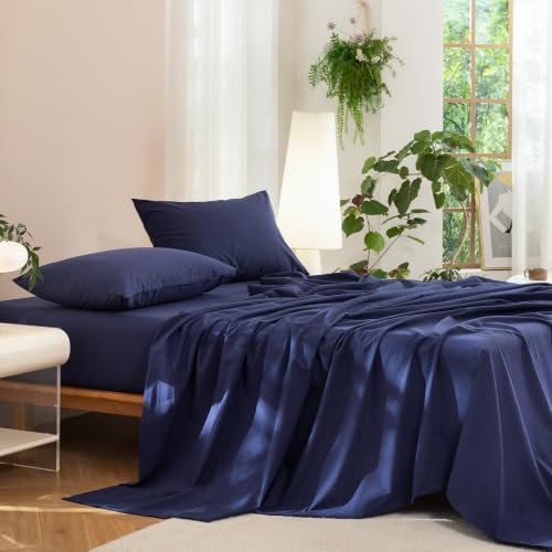 JIYUAN 100% Washed Cotton Sheet Set 3 Pieces Twin,1 Fitted Sheet,1 Flat Sheet and 1 Pillowcase, Comfy and Breathable Linen Like Bedding Set,Navy Blue