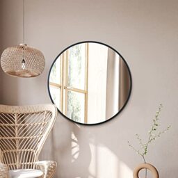 "MirrorOutlet The Fenestra - Black edged Modern Round Circular Wall Mirror 31"" X 31"" (80CM X 80CM) Silver Mirror Glass with Black Metal Frame"