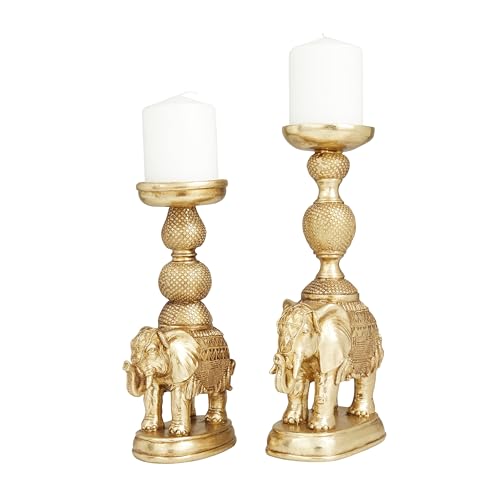 "Deco 79 Polystone Elephant Candle Holder, Set of 2 13"", 11""H, Gold"