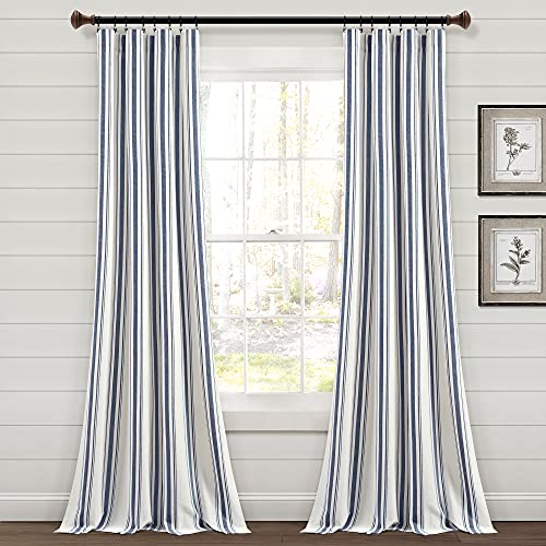 "Lush Decor Farmhouse Stripe Yarn Dyed Eco-Friendly Recycled Cotton Window Curtain Panel Pair, 42"" W x 95"" L, Navy - Classic Modern Rustic Charm - Eco Friendly Cotton Fabric"
