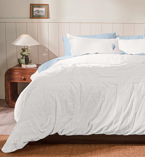 Ruvanti 100% Cotton Waffle Duvet Cover Queen Size Set, 3 Pieces, Coconut White Stripe, Ultra Soft Pre-Washed Bedding, Breathable Comforter Cover Set 8 Corner Ties, Button Closure