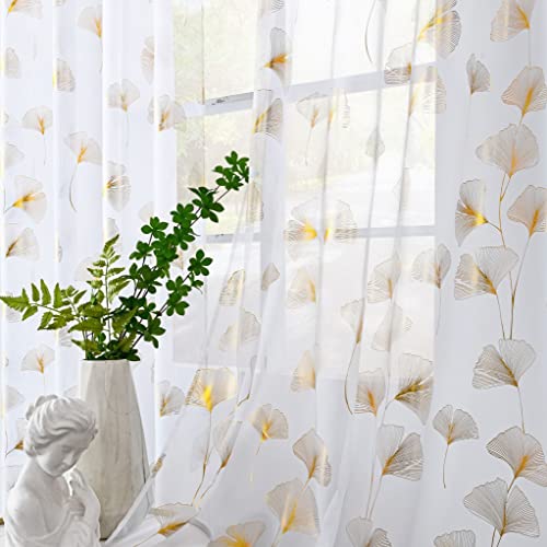 youleyar Gold Foil Print Voile Sheer Curtains, Leaves Grommet Top Window Drapes 63 Inches Long, Luxury Metallic Bronzing Treatment Panels for Home Window Decoration, 2 Panels