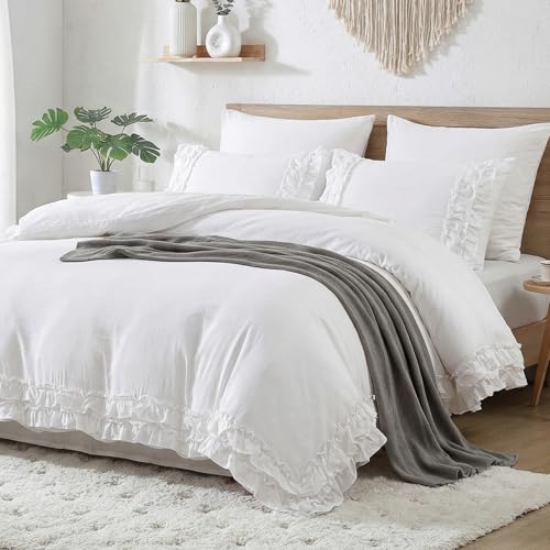 Bedorm White Ruffle Comforter King Boho Chic Bedding Set Pleated Ruffled Fringe Design White Farmhouse Quilt Comforter Set for All Season