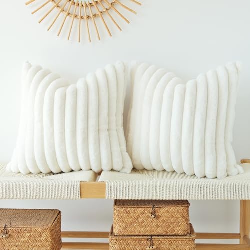 JOJUSIS Pack of 2 Faux Fur Plush Decorative Throw Pillow Covers Couch Cushion Case Soft Pillowcases (White, 20 x 20-Inch)