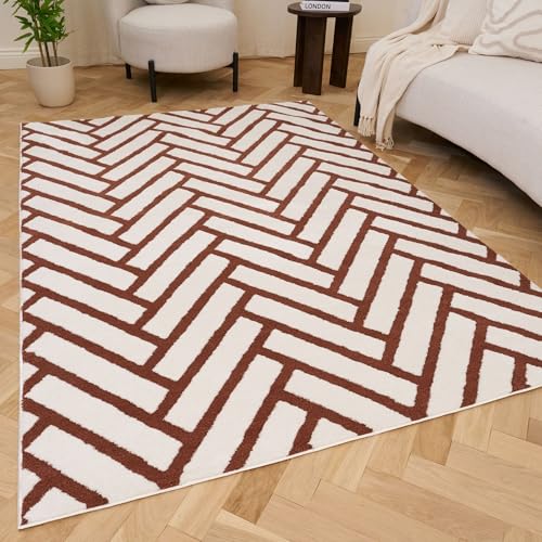 THE RUGS Living Room Rug, Loft Collection – Modern Textured 14mm Soft Pile Area Carpet, Non-Shedding & Easy Care [ Chevron Terra, 240x340 cm]