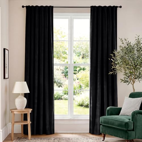 "Lazzzy Velvet Blackout Curtains Thermal Insulated Room Window Drapes Super Soft Luxury Curtains for Living Room Bedroom Rod Pocket 2 Panels, Black, 52"" W x 84"" L"