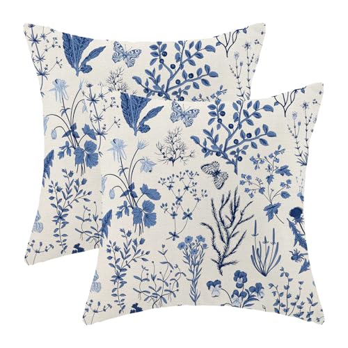 AEIOAE Summer Pillow Covers 18x18 Inch Set of 2,Navy Blue Wild Flower Plant Throw Pillows Case,Seasonal Floral Outdoor Decorative Square Linen Farmhouse Decor Cushion Covers for Home Couch Sofa Bed