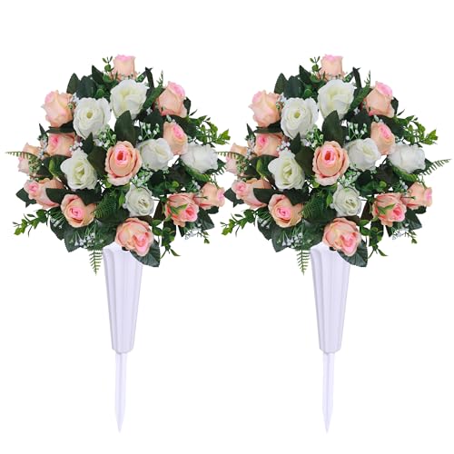 Hibsotco Artificial Cemetery Flowers, 2 Bouquets with Vases, White Champagne Rose, Grave Memorial Decoration