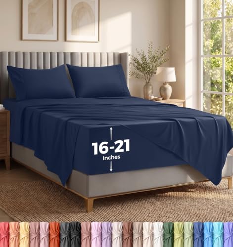 Utopia Bedding Full Size Extra Deep Pocket Sheet Set ??? Fits Mattresses Up to 21 inches ??? Cooling, Soft & Breathable ??? Oeko-Tex 4 Piece Bed Sheets (Navy)