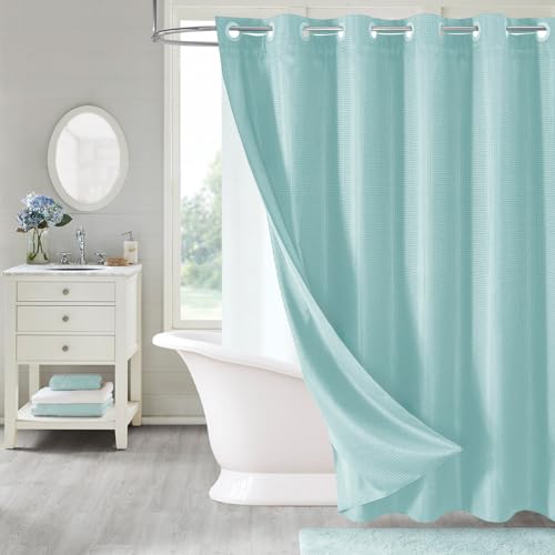 MitoVilla No Hooks Needed Turquoise Extra Long Shower Curtain Liner Set, Teal 86 inch XL Heavyweight Fabric Cloth Shower Curtains Set with Snap-in Liner for Modern Luxury Hotel Bathroom Decor
