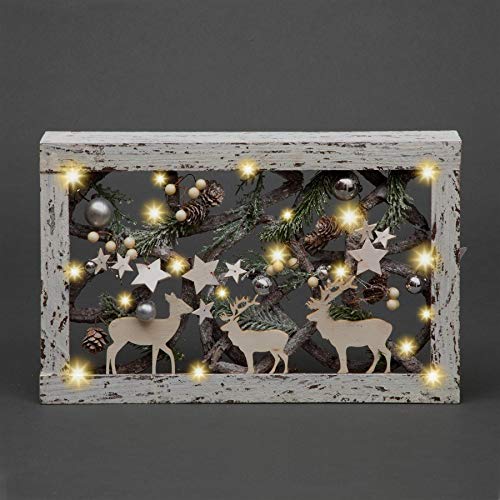40cm Christmas Pre-Lit Wooden Warm White LED Rectangular Frame Tabletop Centrepiece Decoration with Pinecones and Baubles Holiday Home D??cor