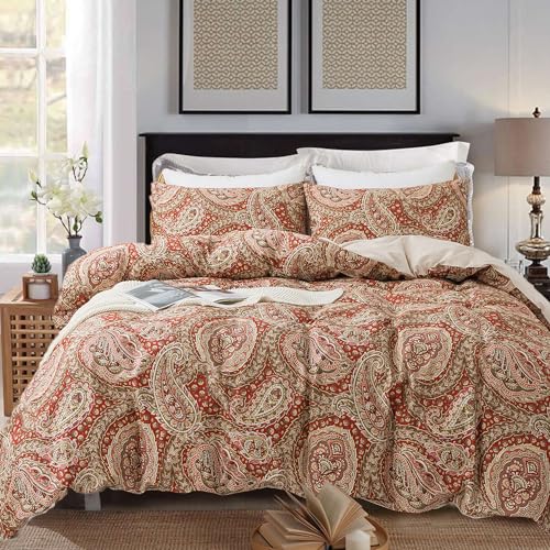Zusbest Burgundy Duvet Cover Set King Size 100% Percale Cotton Red Beige Paisley Comforter Cover Toile Printed Bedding Luxury Crisp Soft Reversible Floral Bedding 3Pcs, King