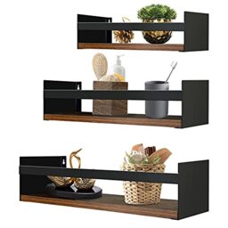 EYMPEU Set of 3 Wall Shelves, Wooden Wall Shelves with Metal, Suitable for Kitchens, Bathrooms, Living Rooms, Office, for Storing Spice Jars, Toiletries, Vases, etc., 40 cm