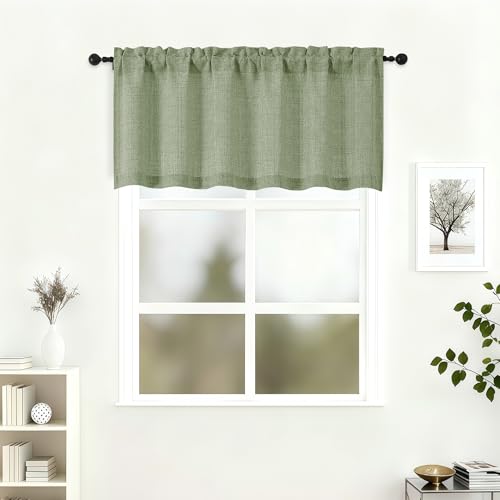 "Lecloud Green Valance 22 Inch Length, Airy Privacy Light Filtering Window Treatments Kitchen Curtains, Short Modern Aesthetic Drapes with Rod Pockets for Bathroom Cafe Basement, 60"" W x 22"" L 1 Panel"