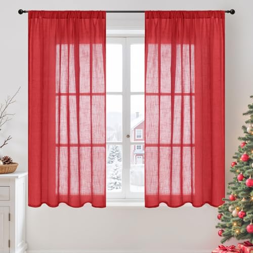 BGment Curtains 45 Inch Length for Short Window, Red Sheer Linen Drapes for Small Bedroom Cafe Bathroom Decor Lightweight Rustic Country Textured Rod Pocket, 2 Panels Set, Each 42 Inch Wide