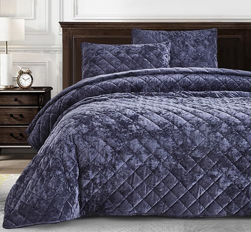 Chezmoi Collection Lux Purple Velvet Quilt Cover Oversized King Set, 3-Piece Plush Distressed Velvet Bedding All Season Lightweight Comforter Brushed Microfiber Reverse with Diamond Stitch Quilting