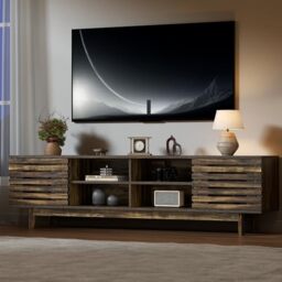Feonase TV Stand for 70 Inch TV, 165cm TV Cabinet with Storage, TV Unit with 6 Open Shelves, TV Console Table with 2 Sliding Doors, Media Entertainment Center For Living Room Bedroom (Walnut)
