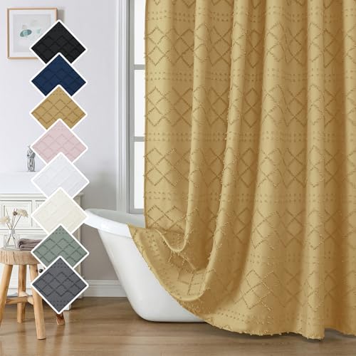 "Lecloud Boho Fabric Shower Curtain 72"" x 84"", Modern Plaid Stripes Cloth Shower Curtain, Chic Jacquard Tufted Textured Farmhouse Fabric Bathroom Hotel Decor, Gold/Mustard Yellow"