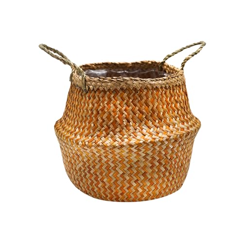 Ivyline Medium Seagrass Chevron Lined Basket in Amber - Waterproof and Lightweight Woven Seagrass Holder with Handles for Houseplants - H30cm x D35cm