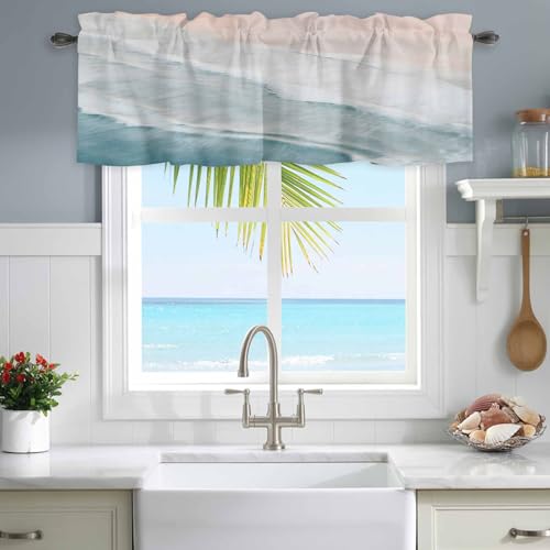 "Summer Valances Curtain for Kitchen Cafe,Watercolor Blue Ocean Beach Window Valance Short Curtains 42""x 12"" Rod Pocket Windows Treatment Drape for Bathroom Living Room Oil Painting Coastal Seascape"